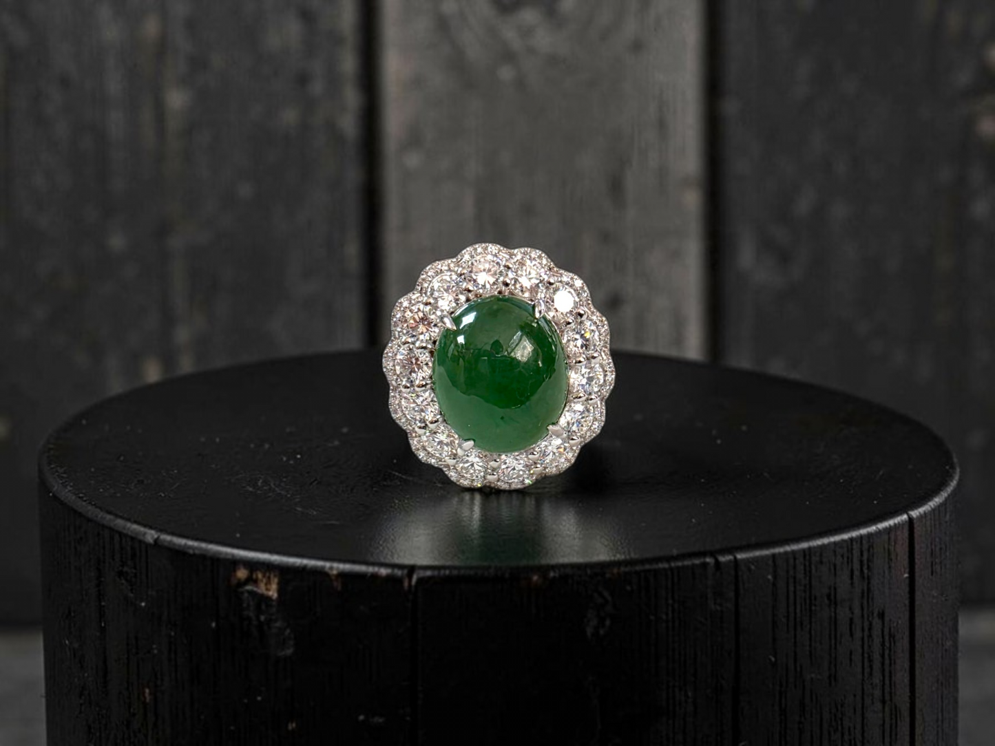 Shinshiro MADE IN JAPAN 6.88 cts. Certified Intense Icy Green Burmese A-Jadeite Ring (with 18K White Gold and White Diamonds) Size US7 - R27