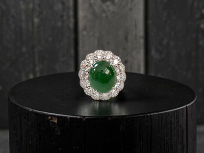 Shinshiro MADE IN JAPAN 6.88 cts. Certified Intense Icy Green Burmese A-Jadeite Ring (with 18K White Gold and White Diamonds) Size US7 - R27