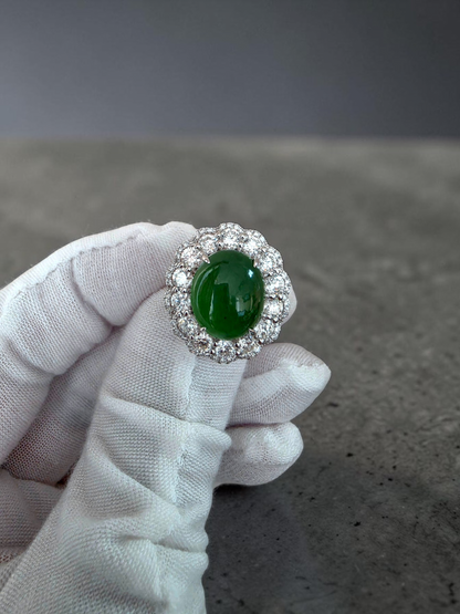 Shinshiro MADE IN JAPAN 6.88 cts. Certified Intense Icy Green Burmese A-Jadeite Ring (with 18K White Gold and White Diamonds) Size US7 - R27