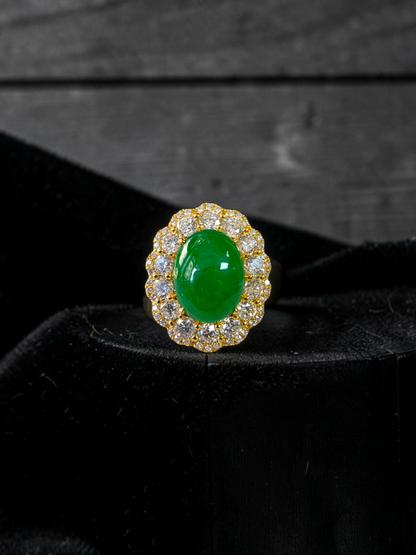 Yokote MADE IN JAPAN 6.29 cts. Certified Bright Imperial Green Burmese A-Jadeite Ring (with 18K Yellow Gold and White Diamonds) Size US7 - R28