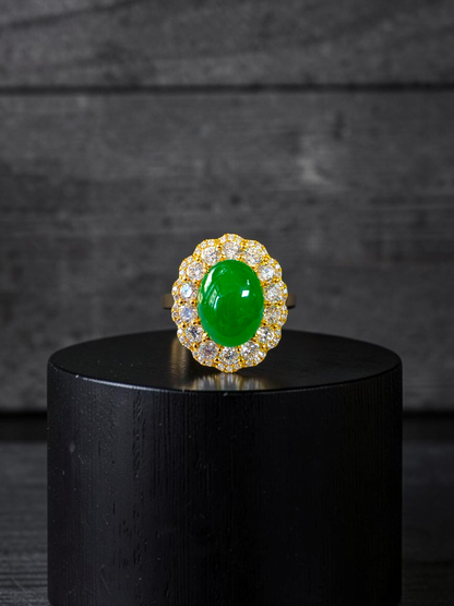 Yokote MADE IN JAPAN 6.29 cts. Certified Bright Imperial Green Burmese A-Jadeite Ring (with 18K Yellow Gold and White Diamonds) Size US7 - R28
