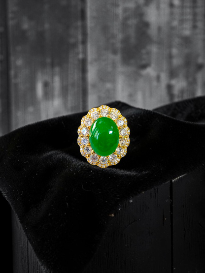 Yokote MADE IN JAPAN 6.29 cts. Certified Bright Imperial Green Burmese A-Jadeite Ring (with 18K Yellow Gold and White Diamonds) Size US7 - R28