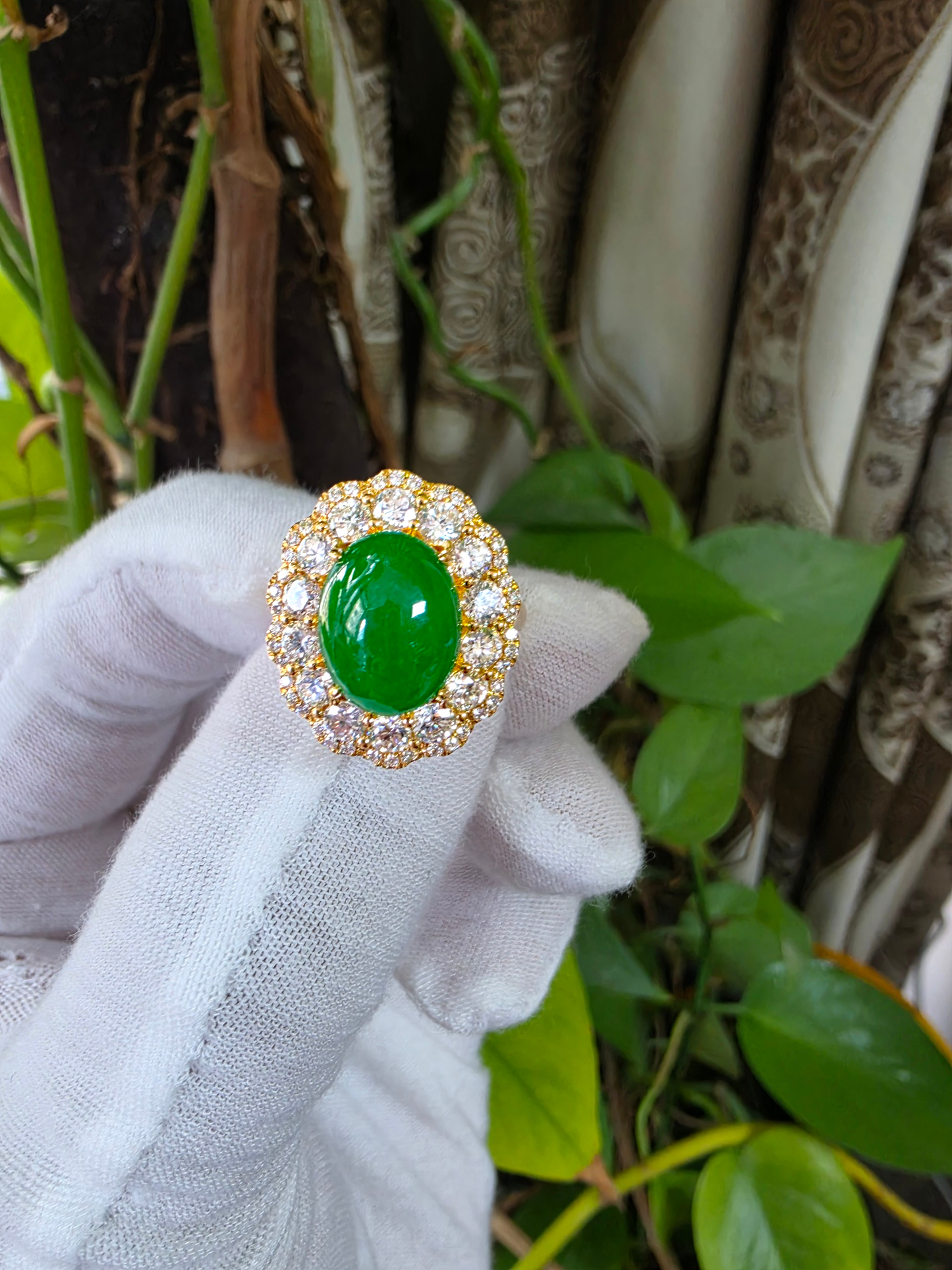Yokote MADE IN JAPAN 6.29 cts. Certified Bright Imperial Green Burmese A-Jadeite Ring (with 18K Yellow Gold and White Diamonds) Size US7 - R28