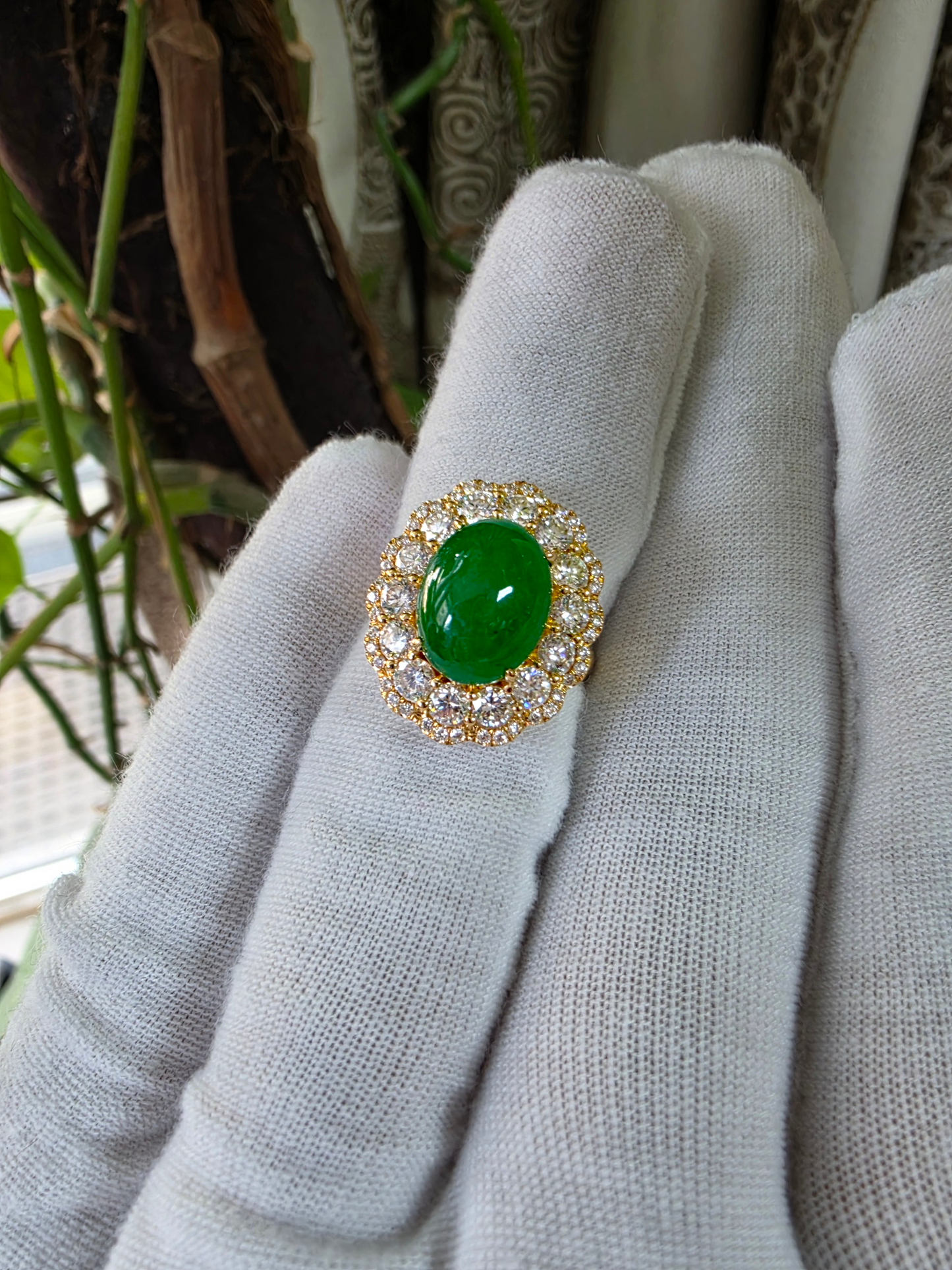 Yokote MADE IN JAPAN 6.29 cts. Certified Bright Imperial Green Burmese A-Jadeite Ring (with 18K Yellow Gold and White Diamonds) Size US7 - R28