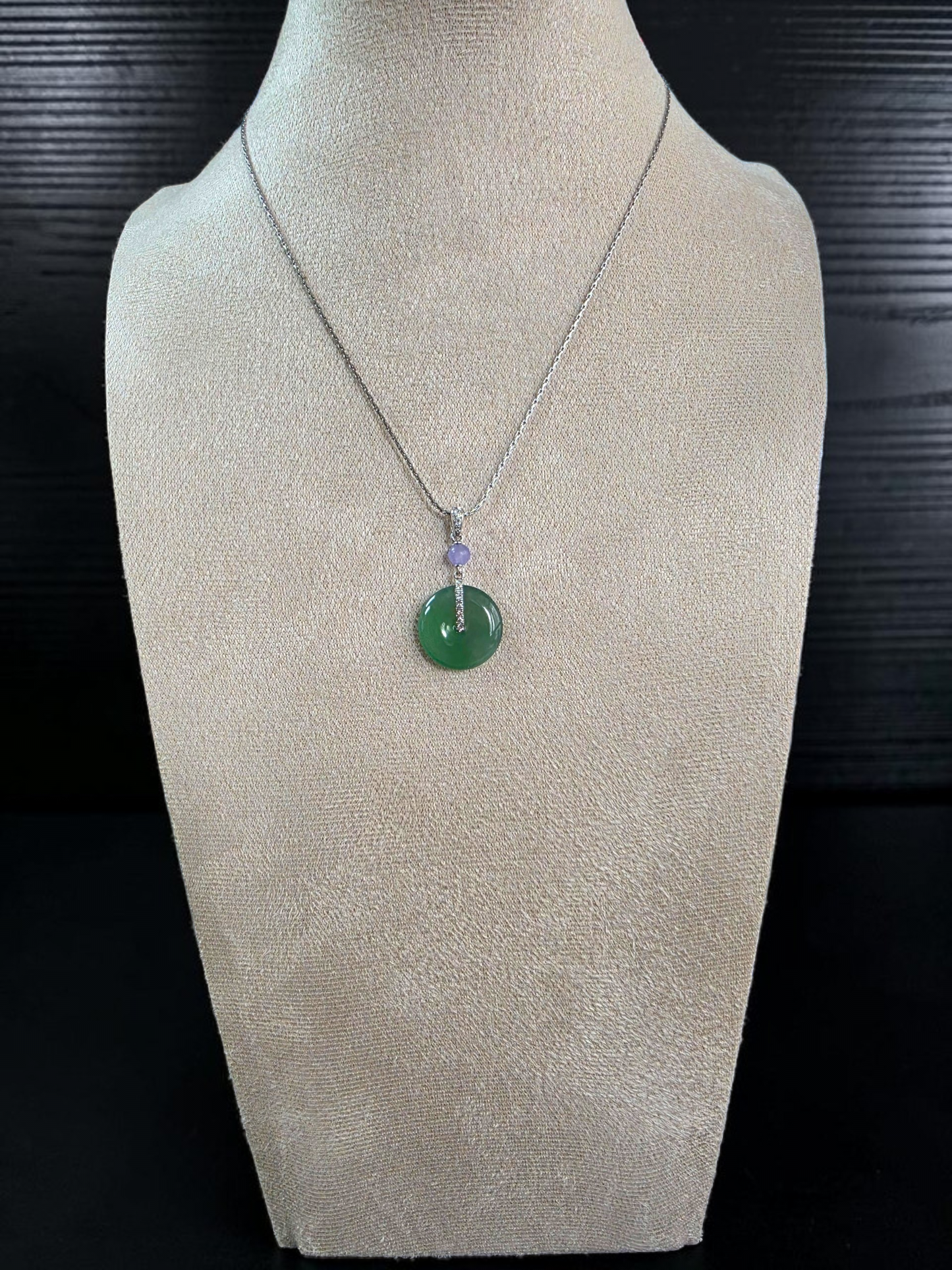 Nisshin Round Icy Green and Lavender Burmese A-Jadeite 16.80 mm Donut Charm Pendant (with 18K White Gold and White Diamonds) - Certified