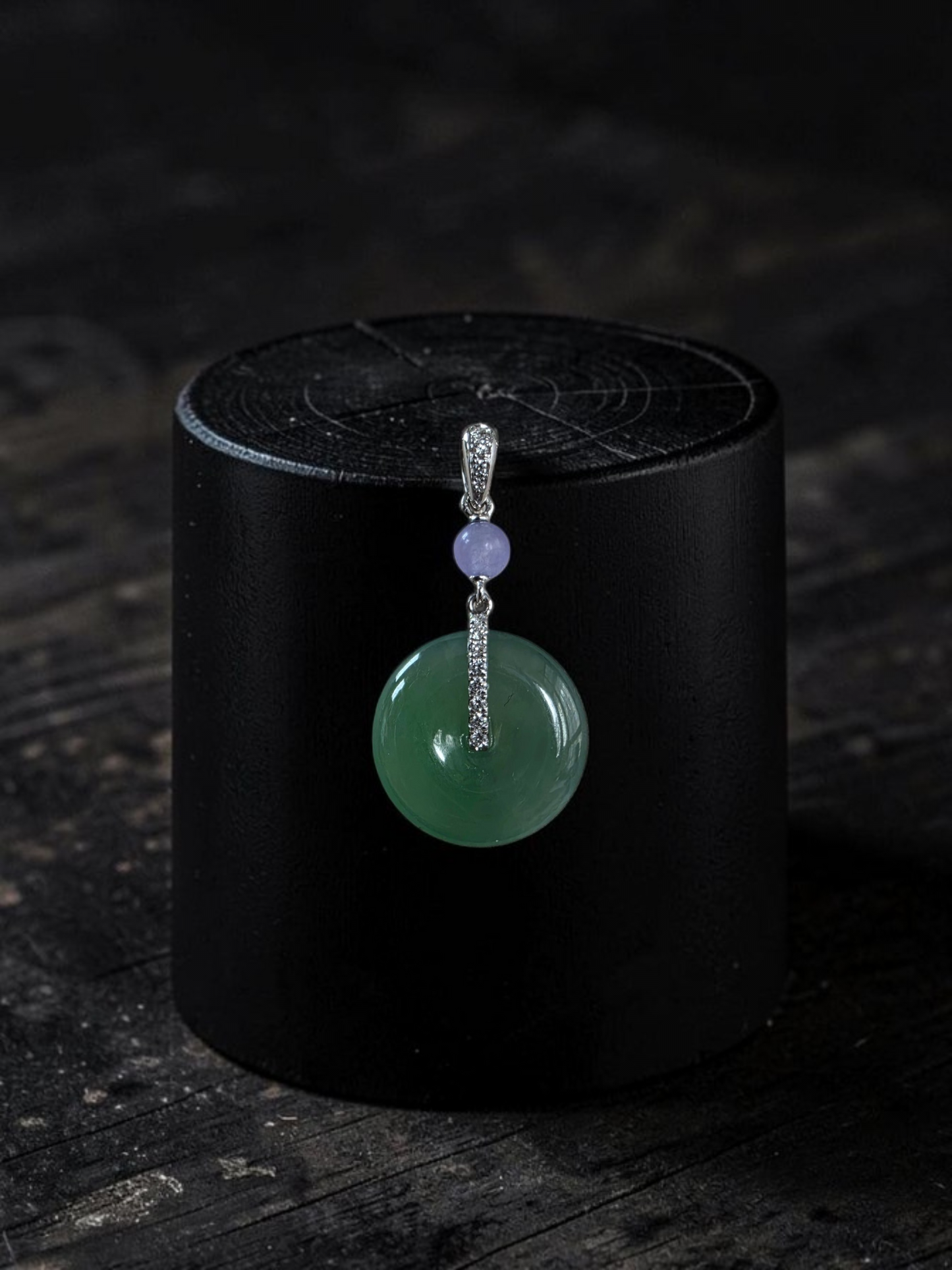Nisshin Round Icy Green and Lavender Burmese A-Jadeite 16.80 mm Donut Charm Pendant (with 18K White Gold and White Diamonds) - Certified