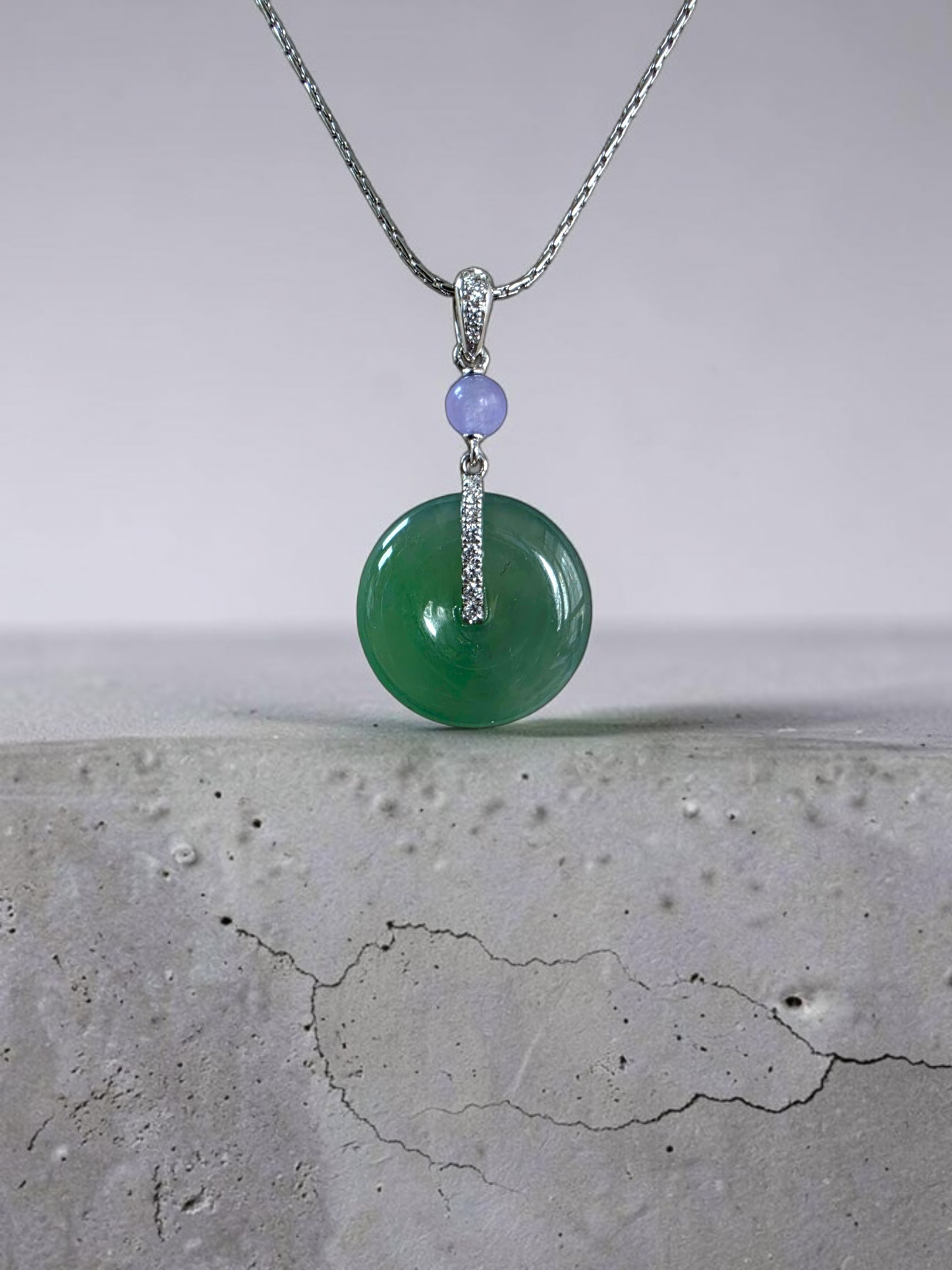 Nisshin Round Icy Green and Lavender Burmese A-Jadeite 16.80 mm Donut Charm Pendant (with 18K White Gold and White Diamonds) - Certified