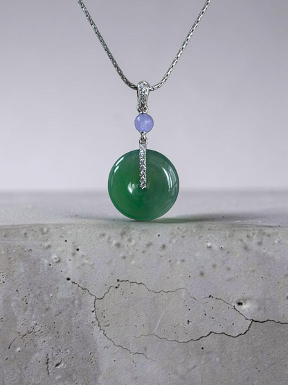 Nisshin Round Icy Green and Lavender Burmese A-Jadeite 16.80 mm Donut Charm Pendant (with 18K White Gold and White Diamonds) - Certified