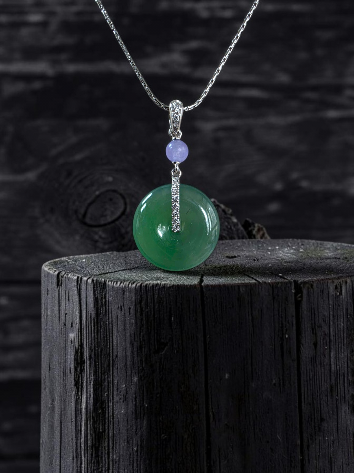 Nisshin Round Icy Green and Lavender Burmese A-Jadeite 16.80 mm Donut Charm Pendant (with 18K White Gold and White Diamonds) - Certified