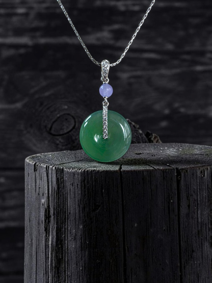 Nisshin Round Icy Green and Lavender Burmese A-Jadeite 16.80 mm Donut Charm Pendant (with 18K White Gold and White Diamonds) - Certified