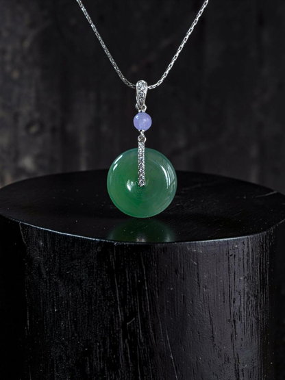 Nisshin Round Icy Green and Lavender Burmese A-Jadeite 16.80 mm Donut Charm Pendant (with 18K White Gold and White Diamonds) - Certified