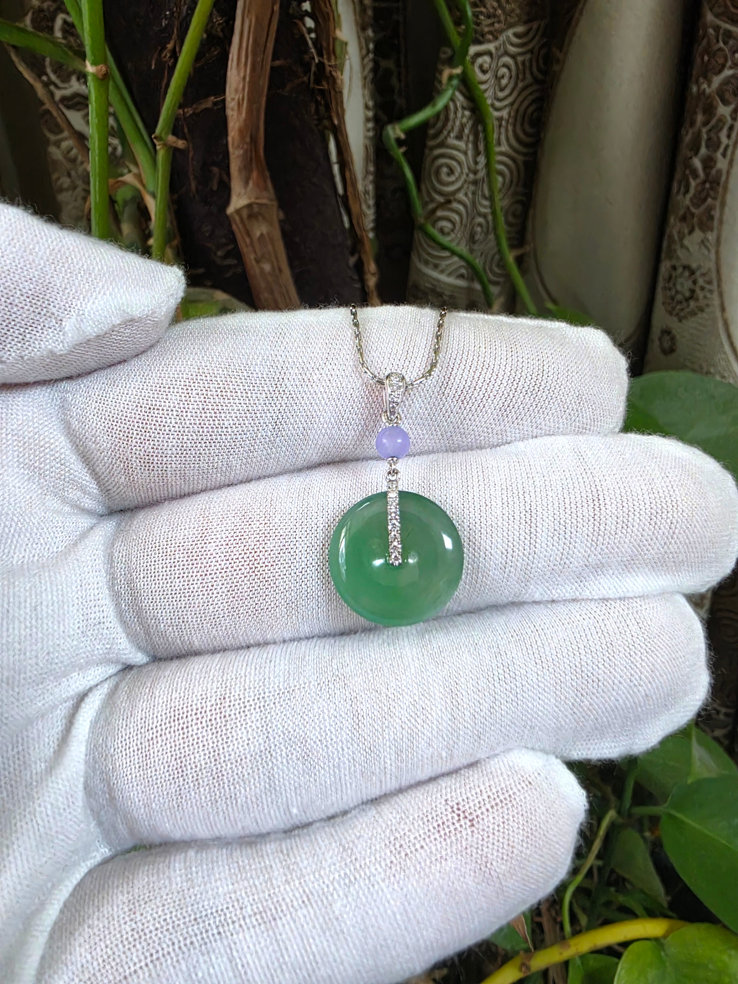 Nisshin Round Icy Green and Lavender Burmese A-Jadeite 16.80 mm Donut Charm Pendant (with 18K White Gold and White Diamonds) - Certified