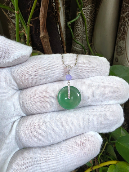 Nisshin Round Icy Green and Lavender Burmese A-Jadeite 16.80 mm Donut Charm Pendant (with 18K White Gold and White Diamonds) - Certified