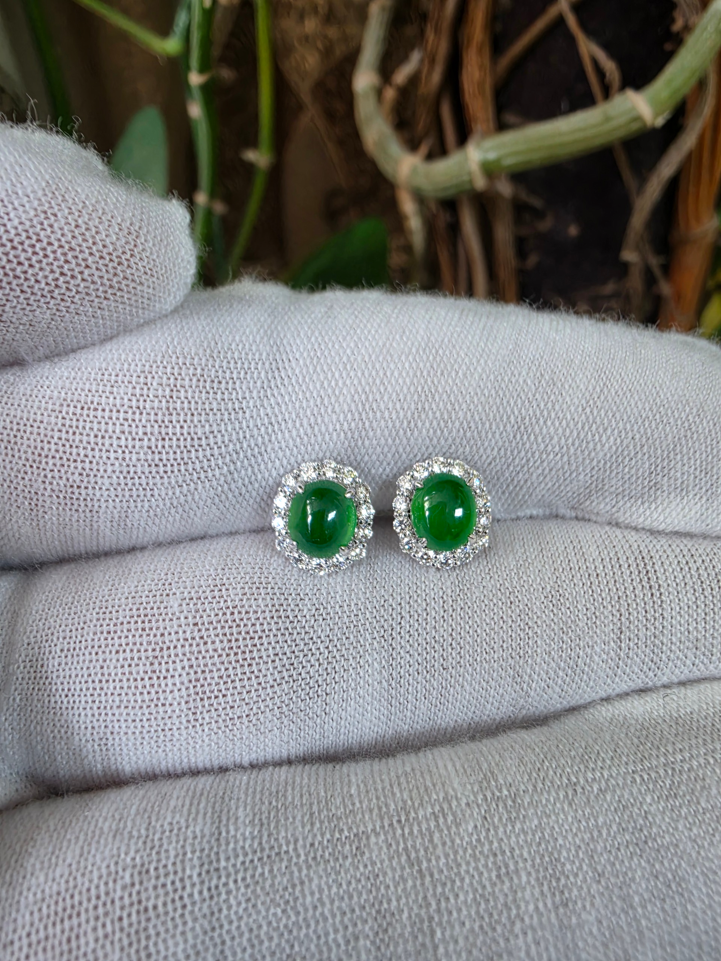 Eternal Sunshine 1.91 cts. Vivid Imperial Green Burmese A-Jade Stud Earrings (with 18K White Gold and White Diamonds) - Certified - V8