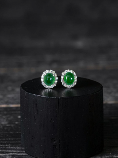 Eternal Sunshine 1.91 cts. Vivid Imperial Green Burmese A-Jade Stud Earrings (with 18K White Gold and White Diamonds) - Certified - V8