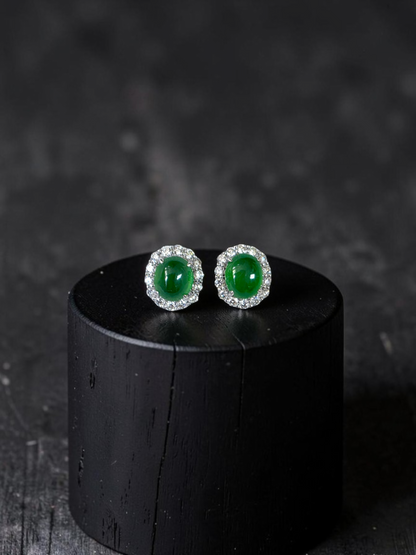 Eternal Sunshine 1.91 cts. Vivid Imperial Green Burmese A-Jade Stud Earrings (with 18K White Gold and White Diamonds) - Certified - V8