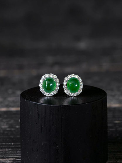 Eternal Sunshine 1.91 cts. Vivid Imperial Green Burmese A-Jade Stud Earrings (with 18K White Gold and White Diamonds) - Certified - V8