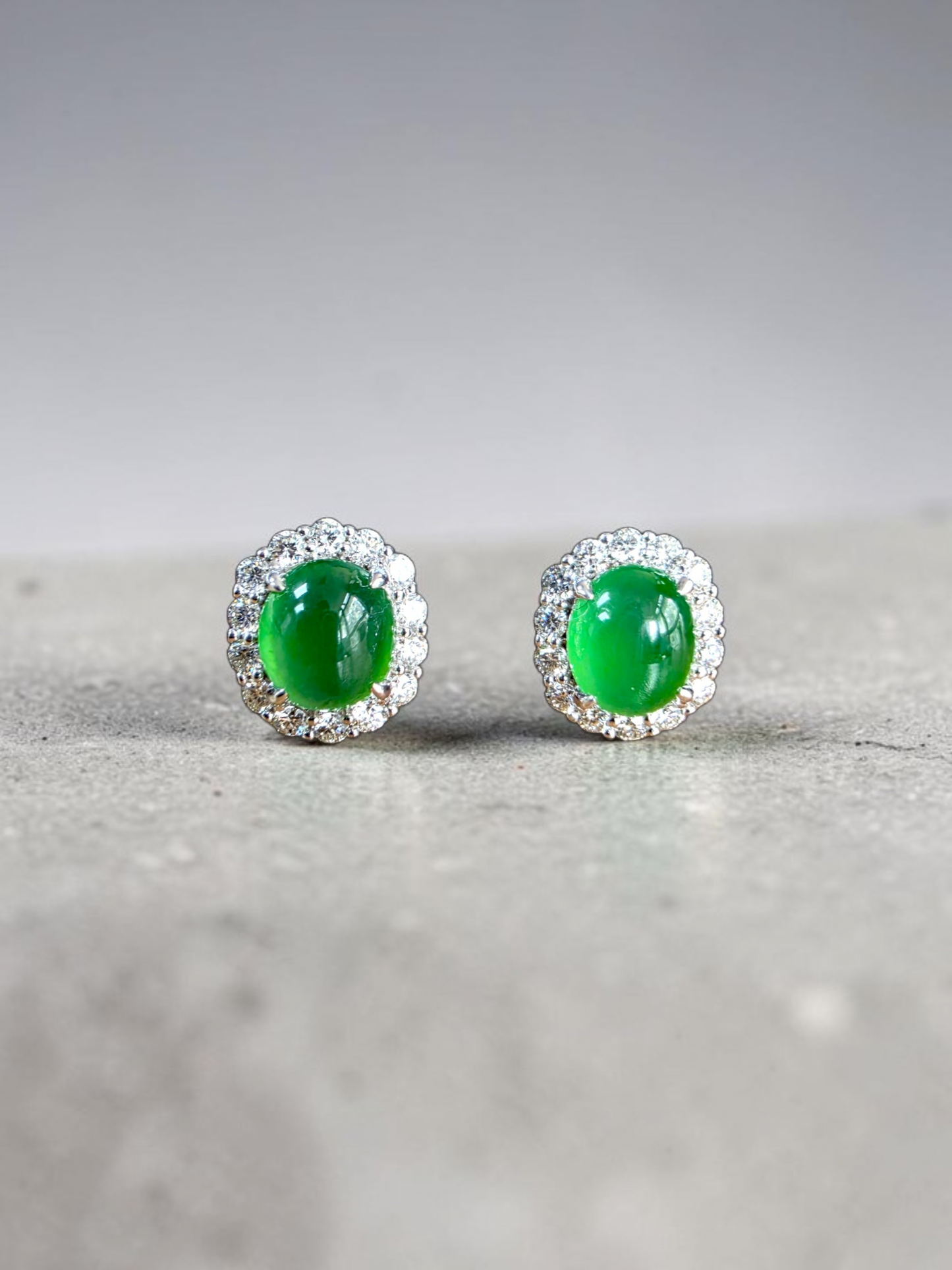 Eternal Sunshine 1.91 cts. Vivid Imperial Green Burmese A-Jade Stud Earrings (with 18K White Gold and White Diamonds) - Certified - V8