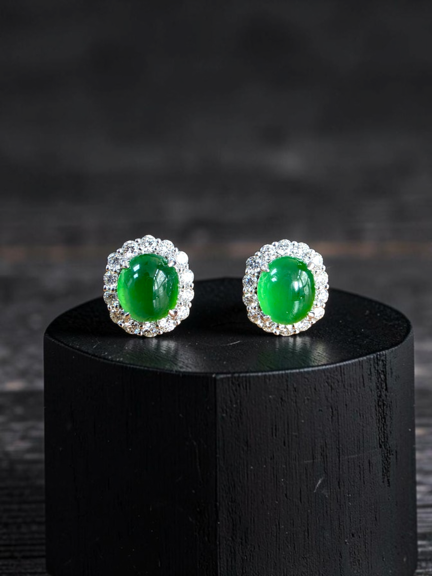 Eternal Sunshine 1.91 cts. Vivid Imperial Green Burmese A-Jade Stud Earrings (with 18K White Gold and White Diamonds) - Certified - V8