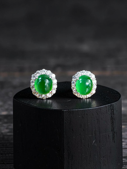 Eternal Sunshine 1.91 cts. Vivid Imperial Green Burmese A-Jade Stud Earrings (with 18K White Gold and White Diamonds) - Certified - V8