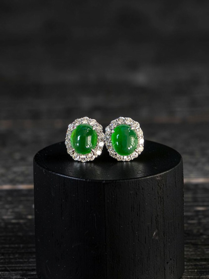 Eternal Sunshine 1.91 cts. Vivid Imperial Green Burmese A-Jade Stud Earrings (with 18K White Gold and White Diamonds) - Certified - V8