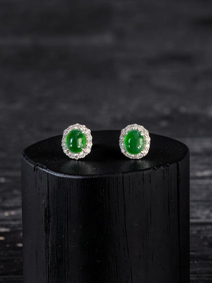 Eternal Sunshine 1.91 cts. Vivid Imperial Green Burmese A-Jade Stud Earrings (with 18K White Gold and White Diamonds) - Certified - V8