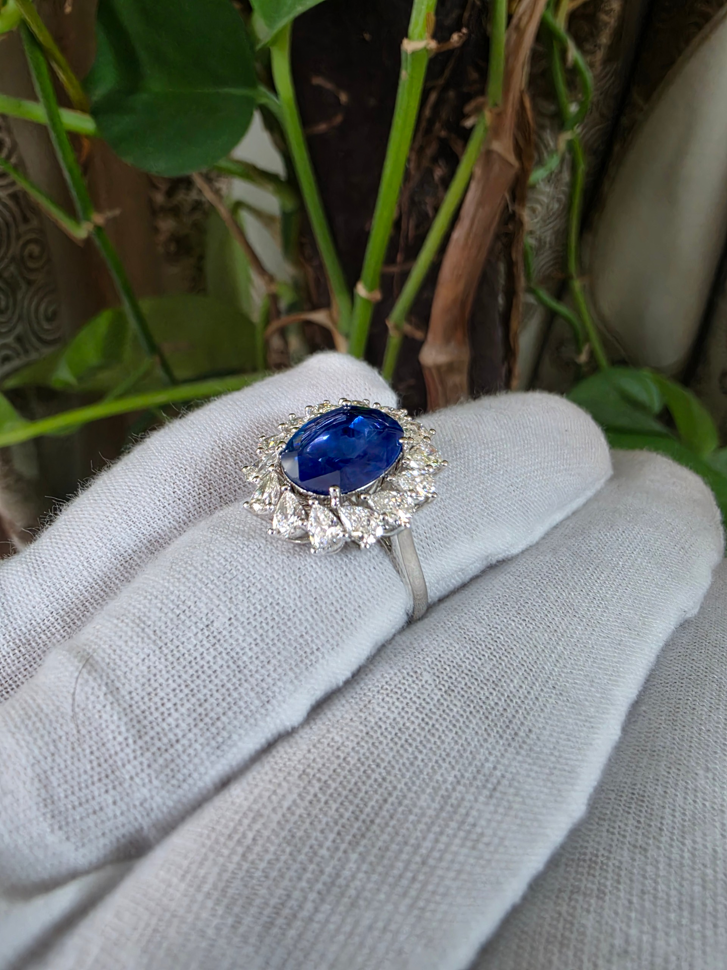 Aomori MADE IN JAPAN Certified Oval Shaped 4.432 cts. No Heat Burmese Natural Deep Blue Sapphire Ring with 18K White Gold and White Diamonds Size US 7  - R29