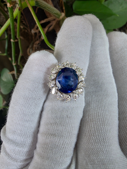 Aomori MADE IN JAPAN Certified Oval Shaped 4.432 cts. No Heat Burmese Natural Deep Blue Sapphire Ring with 18K White Gold and White Diamonds Size US 7  - R29