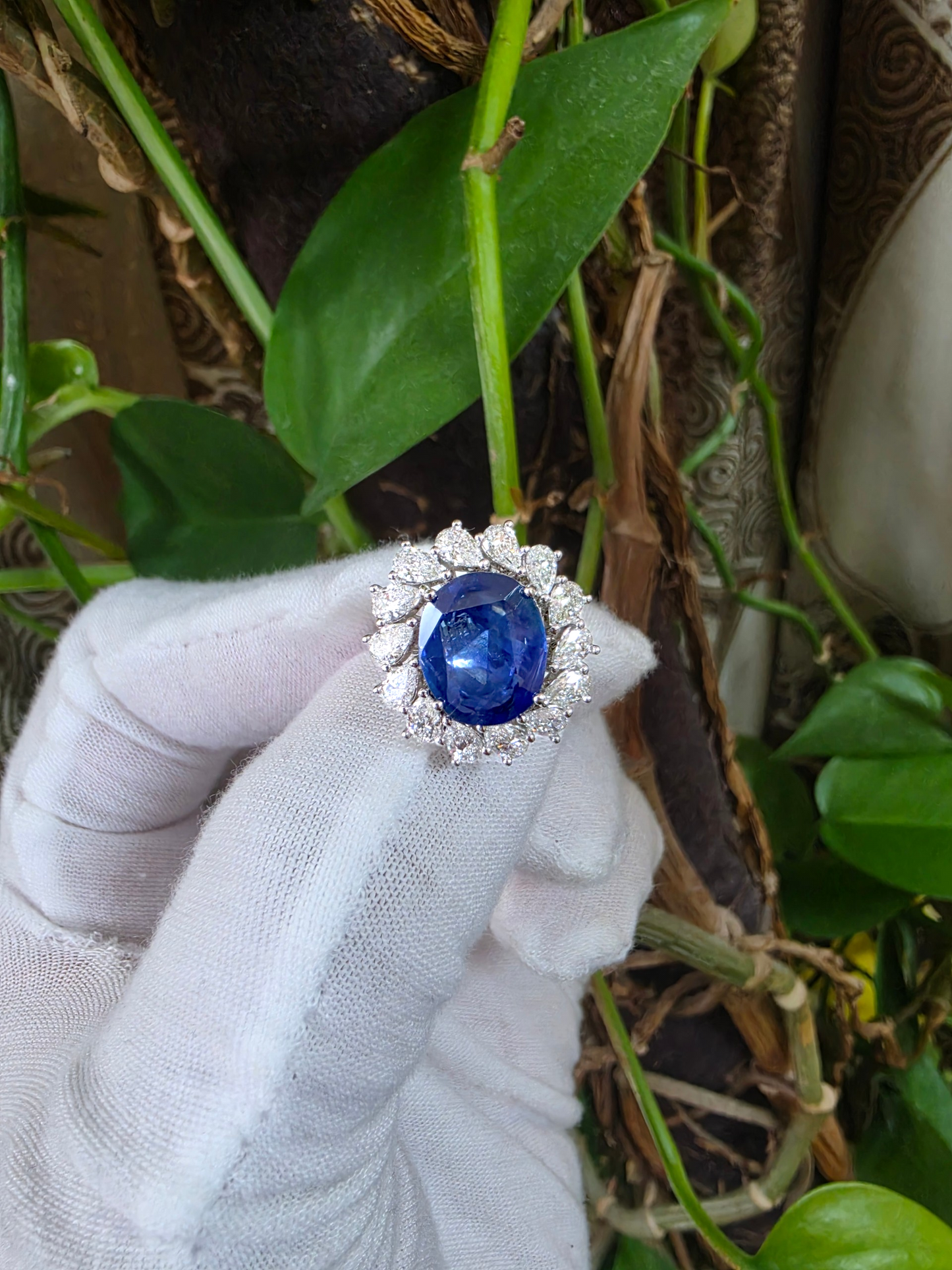 Aomori MADE IN JAPAN Certified Oval Shaped 4.432 cts. No Heat Burmese Natural Deep Blue Sapphire Ring with 18K White Gold and White Diamonds Size US 7  - R29