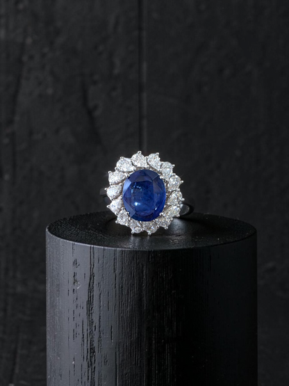 Aomori MADE IN JAPAN Certified Oval Shaped 4.432 cts. No Heat Burmese Natural Deep Blue Sapphire Ring with 18K White Gold and White Diamonds Size US 7  - R29