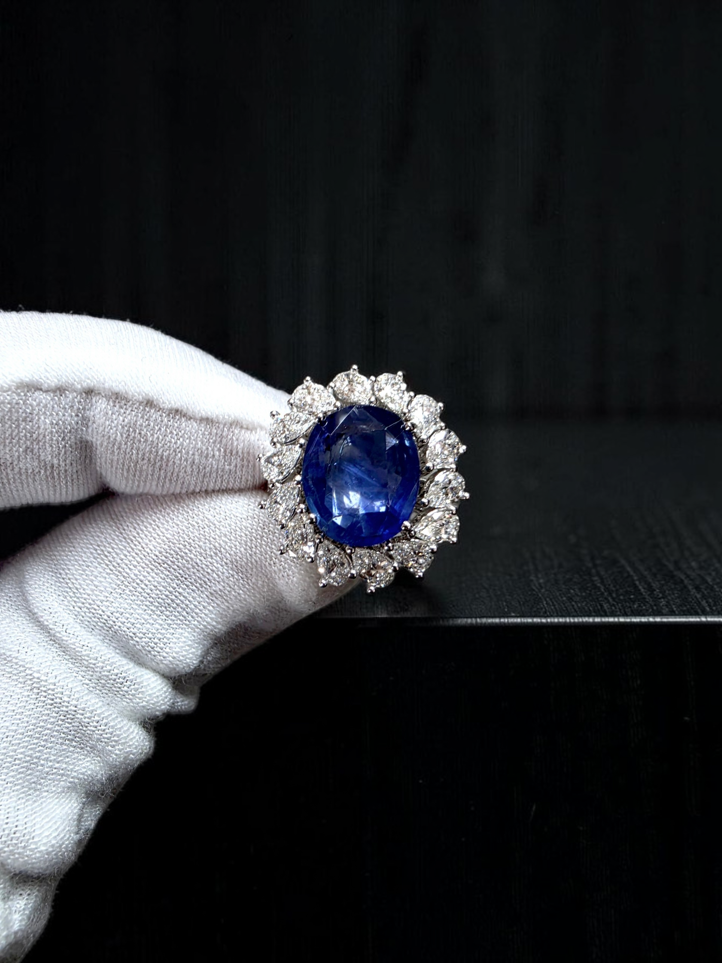 Aomori MADE IN JAPAN Certified Oval Shaped 4.432 cts. No Heat Burmese Natural Deep Blue Sapphire Ring with 18K White Gold and White Diamonds Size US 7  - R29