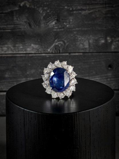 Aomori MADE IN JAPAN Certified Oval Shaped 4.432 cts. No Heat Burmese Natural Deep Blue Sapphire Ring with 18K White Gold and White Diamonds Size US 7  - R29