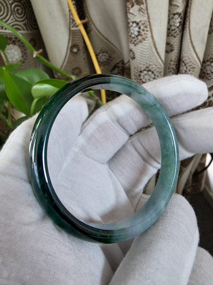 Certified Earth's (MADE IN JAPAN) Burmese Icy Deep Forest Green A-Jade Round Bangle Bracelet - 08844