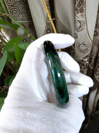 Certified Earth's (MADE IN JAPAN) Burmese Icy Deep Forest Green A-Jade Round Bangle Bracelet - 08844