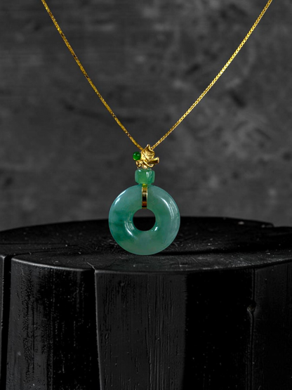 Inzai Round Icy Green Burmese A-Jadeite 16.10 mm Donut Disc Charm Pendant (with 18K Yellow Gold) - Certified V1