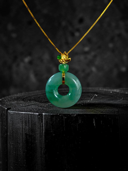 Inzai Round Icy Green Burmese A-Jadeite 16.10 mm Donut Disc Charm Pendant (with 18K Yellow Gold) - Certified V1