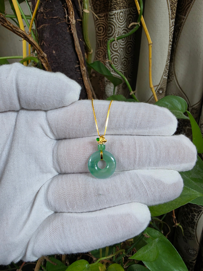 Inzai Round Icy Green Burmese A-Jadeite 16.10 mm Donut Disc Charm Pendant (with 18K Yellow Gold) - Certified V1