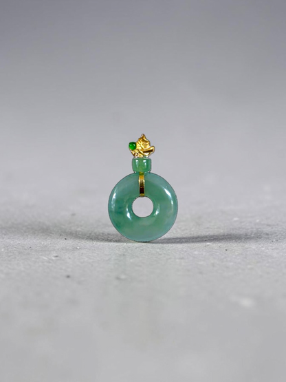 Inzai Round Icy Green Burmese A-Jadeite 16.10 mm Donut Disc Charm Pendant (with 18K Yellow Gold) - Certified V1