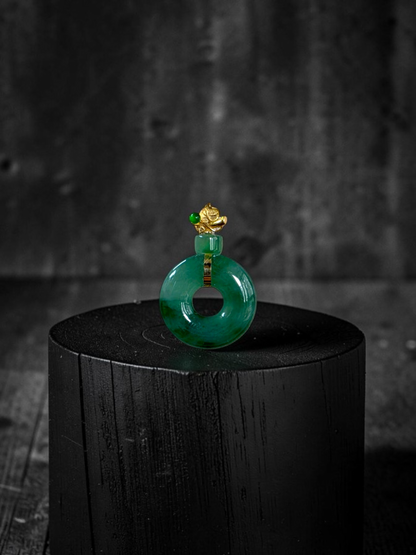 Inzai Round Icy Deep Green Burmese A-Jadeite 16.00 mm Donut Disc Charm Pendant (with 18K Yellow Gold) - Certified V2