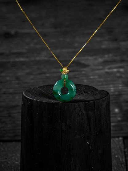 Inzai Round Icy Deep Green Burmese A-Jadeite 16.00 mm Donut Disc Charm Pendant (with 18K Yellow Gold) - Certified V2