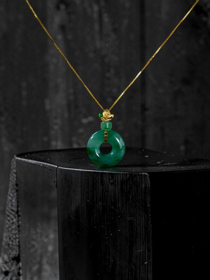 Inzai Round Icy Deep Green Burmese A-Jadeite 16.00 mm Donut Disc Charm Pendant (with 18K Yellow Gold) - Certified V2