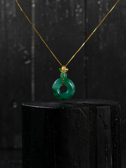 Inzai Round Icy Deep Green Burmese A-Jadeite 16.00 mm Donut Disc Charm Pendant (with 18K Yellow Gold) - Certified V2