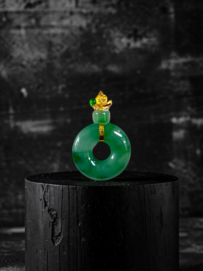 Inzai Round Icy Deep Green Burmese A-Jadeite 16.00 mm Donut Disc Charm Pendant (with 18K Yellow Gold) - Certified V2
