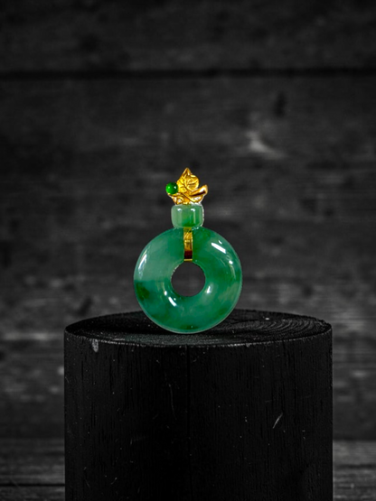 Inzai Round Icy Deep Green Burmese A-Jadeite 16.00 mm Donut Disc Charm Pendant (with 18K Yellow Gold) - Certified V2