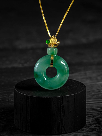 Inzai Round Icy Deep Green Burmese A-Jadeite 16.00 mm Donut Disc Charm Pendant (with 18K Yellow Gold) - Certified V2