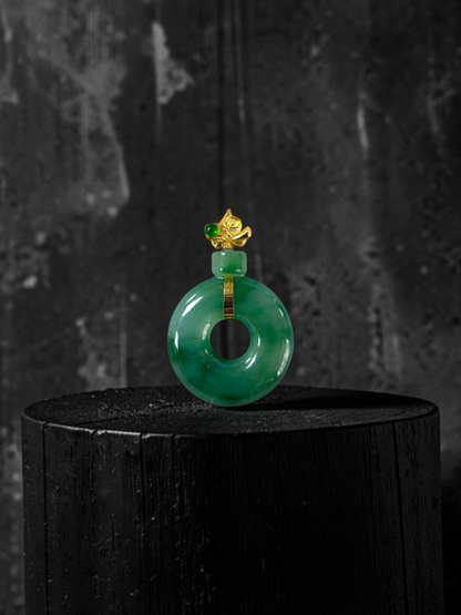 Inzai Round Icy Deep Green Burmese A-Jadeite 16.00 mm Donut Disc Charm Pendant (with 18K Yellow Gold) - Certified V2