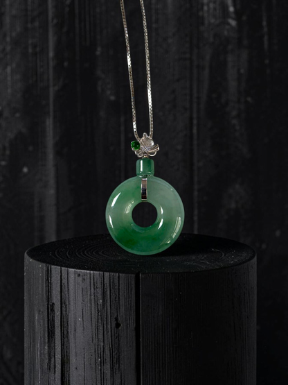 Inzai Round Icy Celadon Green Burmese A-Jadeite 16.00 mm Donut Disc Charm Pendant (with 18K White Gold) - Certified V3
