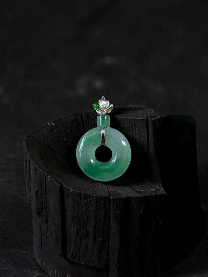 Inzai Round Icy Celadon Green Burmese A-Jadeite 16.00 mm Donut Disc Charm Pendant (with 18K White Gold) - Certified V3