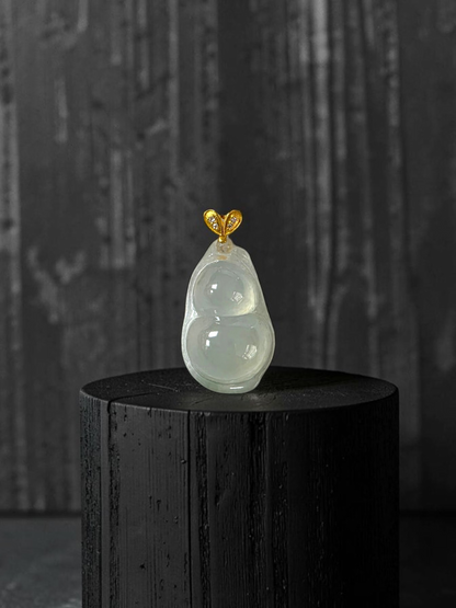 Niihama Gourd Icy White Burmese A-Jadeite Charm Pendant (with 18K Yellow Gold and White Diamonds) - Certified
