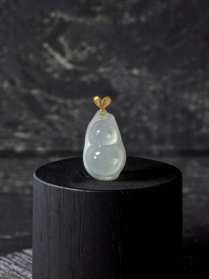 Niihama Gourd Icy White Burmese A-Jadeite Charm Pendant (with 18K Yellow Gold and White Diamonds) - Certified